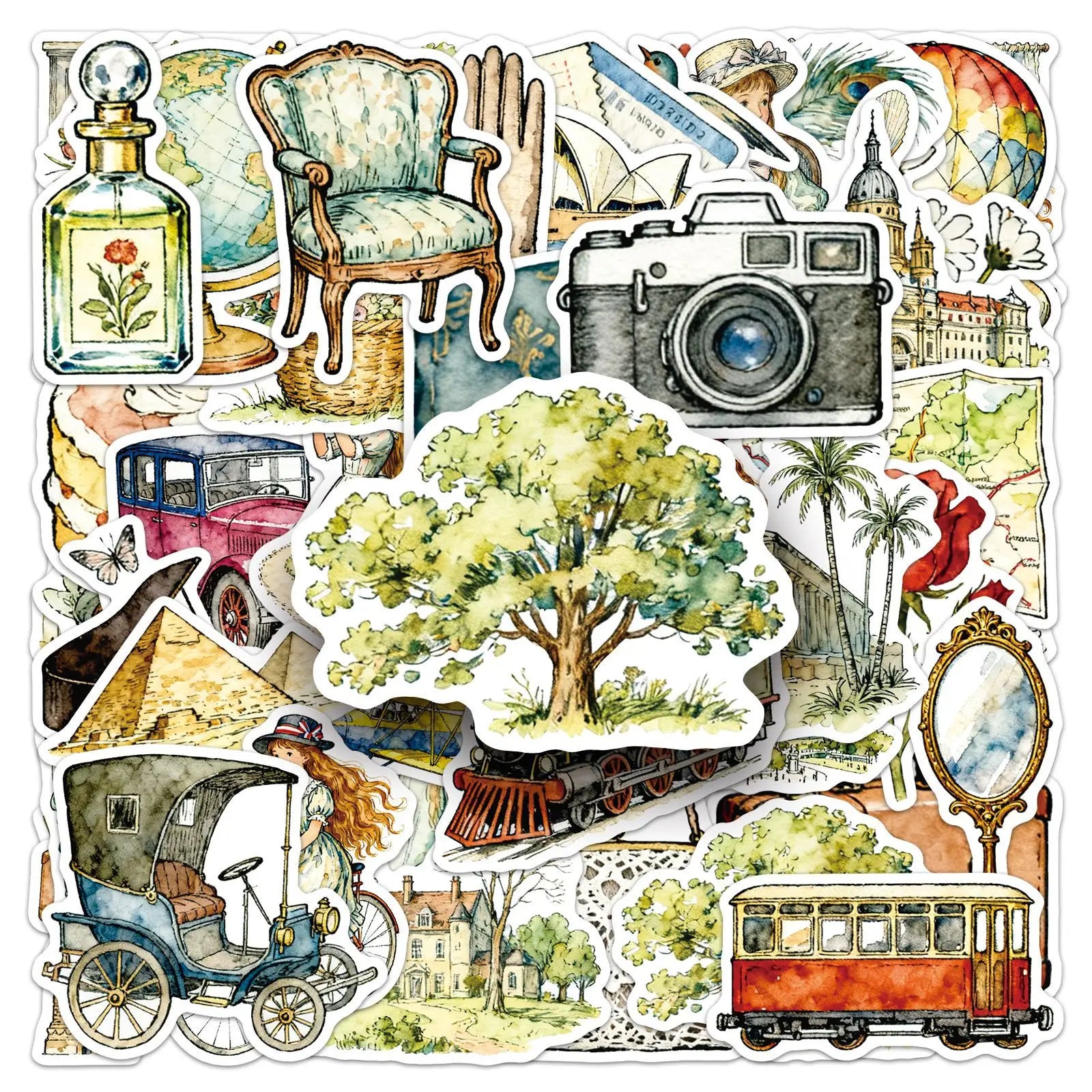 50/100PCS Personalized Travel Stickers Retro Art Small Fresh Hand drawn Waterproof Decoration Insulated Cup Stickers