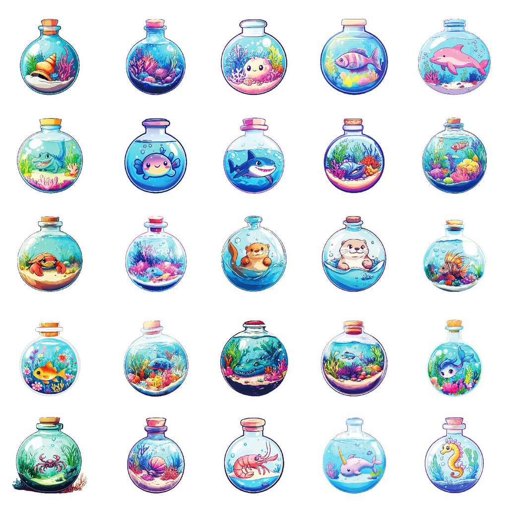 50-Pack Round Underwater World Cartoon Ocean Creature Stickers for Student Stationery Notebook Diary Luggage Decoration