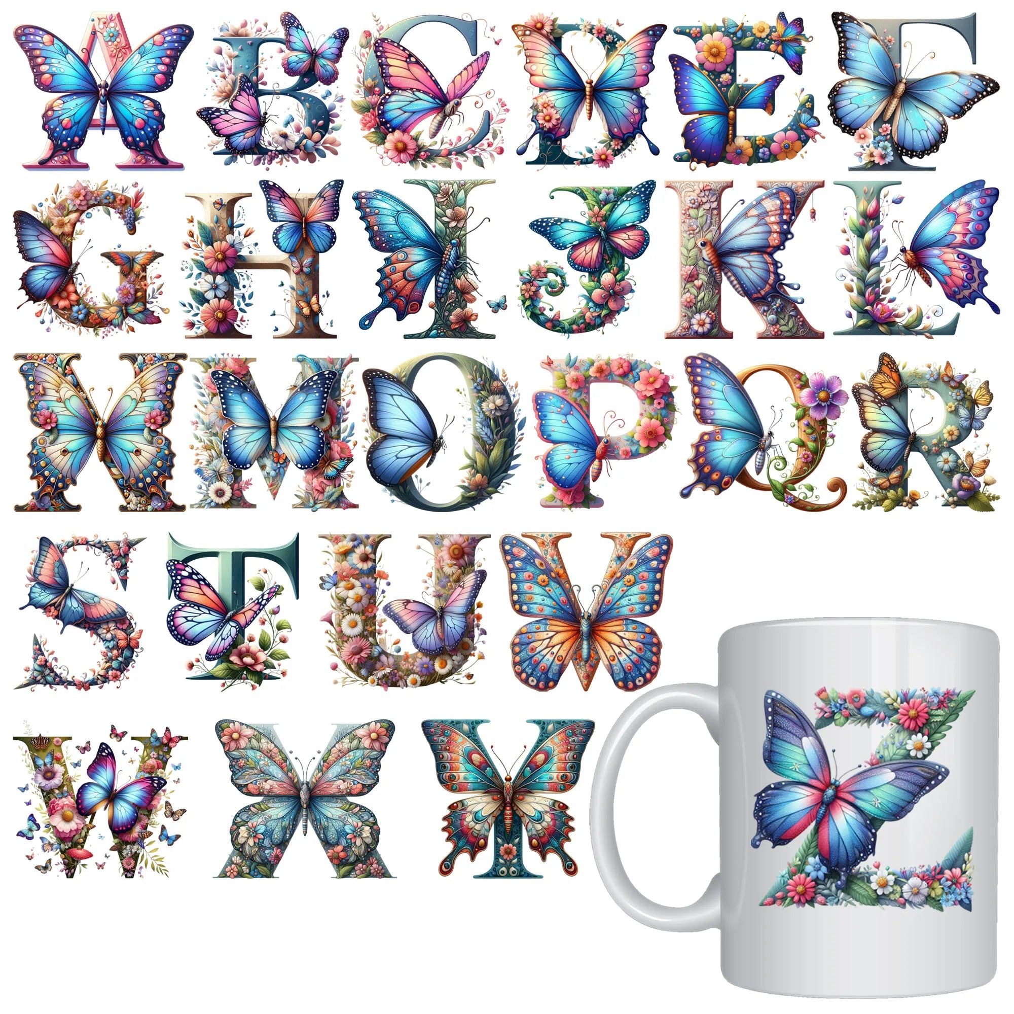 26 sheets Alphabet Flowers A - Z Design UV DTF Transfer Sticker Decals for Office and Home 16oz Alphabet Waterproof Stickers