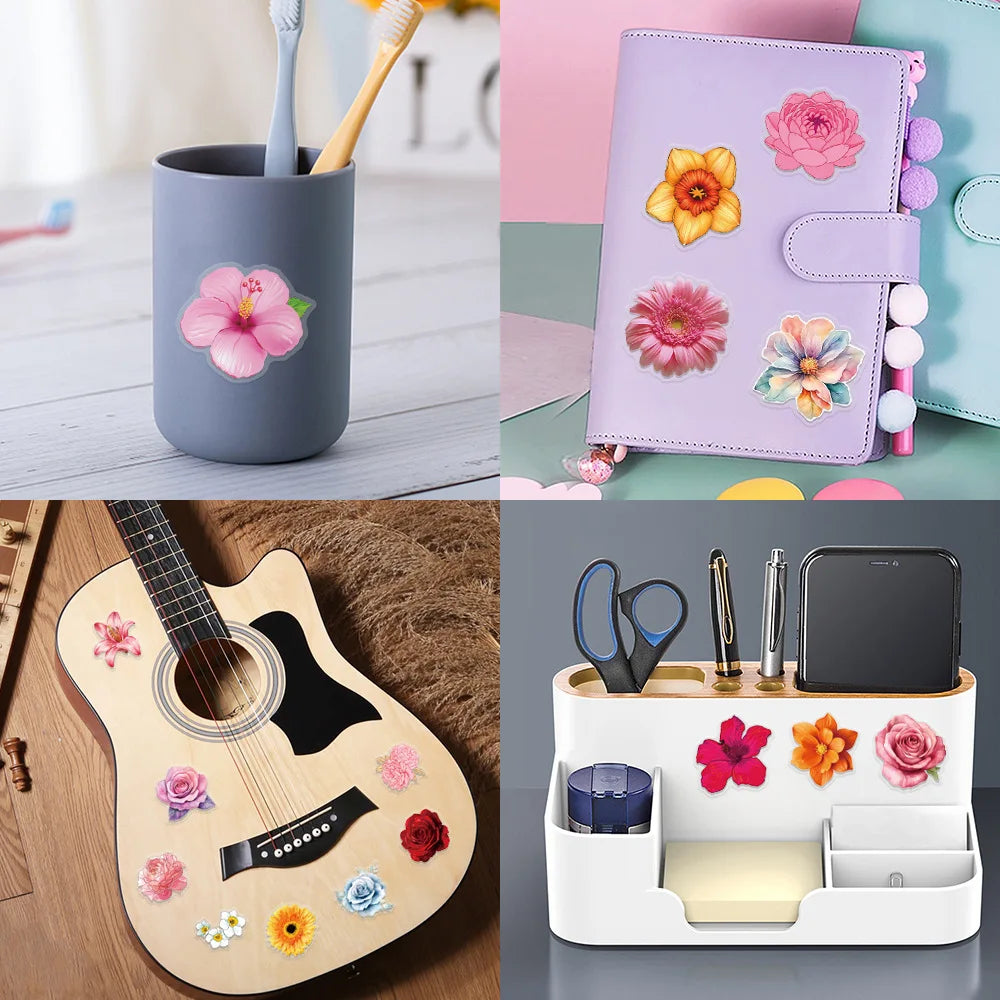 63/126PCS Transparent PET Flower Personalized Graffiti Stickers for Luggage, Water Cups, Scooter Stickers