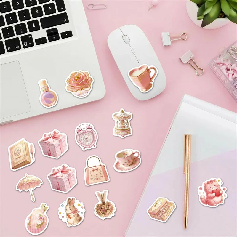 10/30/56PCS Bright Pink Color Girl Sticky PVC Sticker Stationery DIY Laptop Luggage Skateboard Decoration Scrapbooking