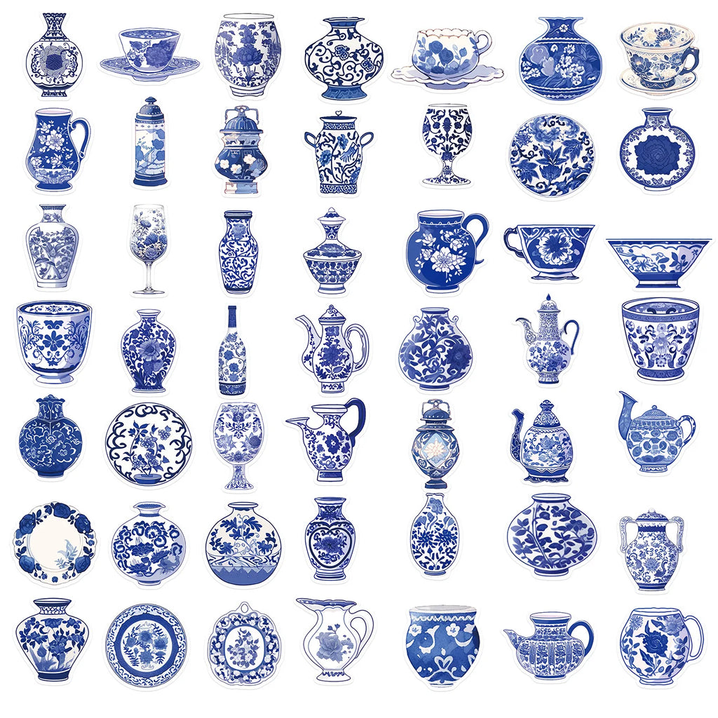 50PCS Cartoon Blue and White Porcelain Stickers Personalized Decoration Guitar Notebook Luggage DIY Waterproof Stickers