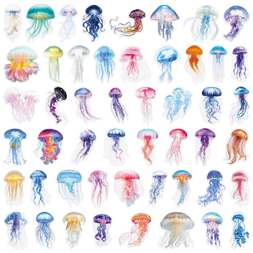 50PCS Cartoon Jellyfish Ocean Stickers, Clear PET Decals for Notebook Stationery Guitar Fridge Book Desk Decor