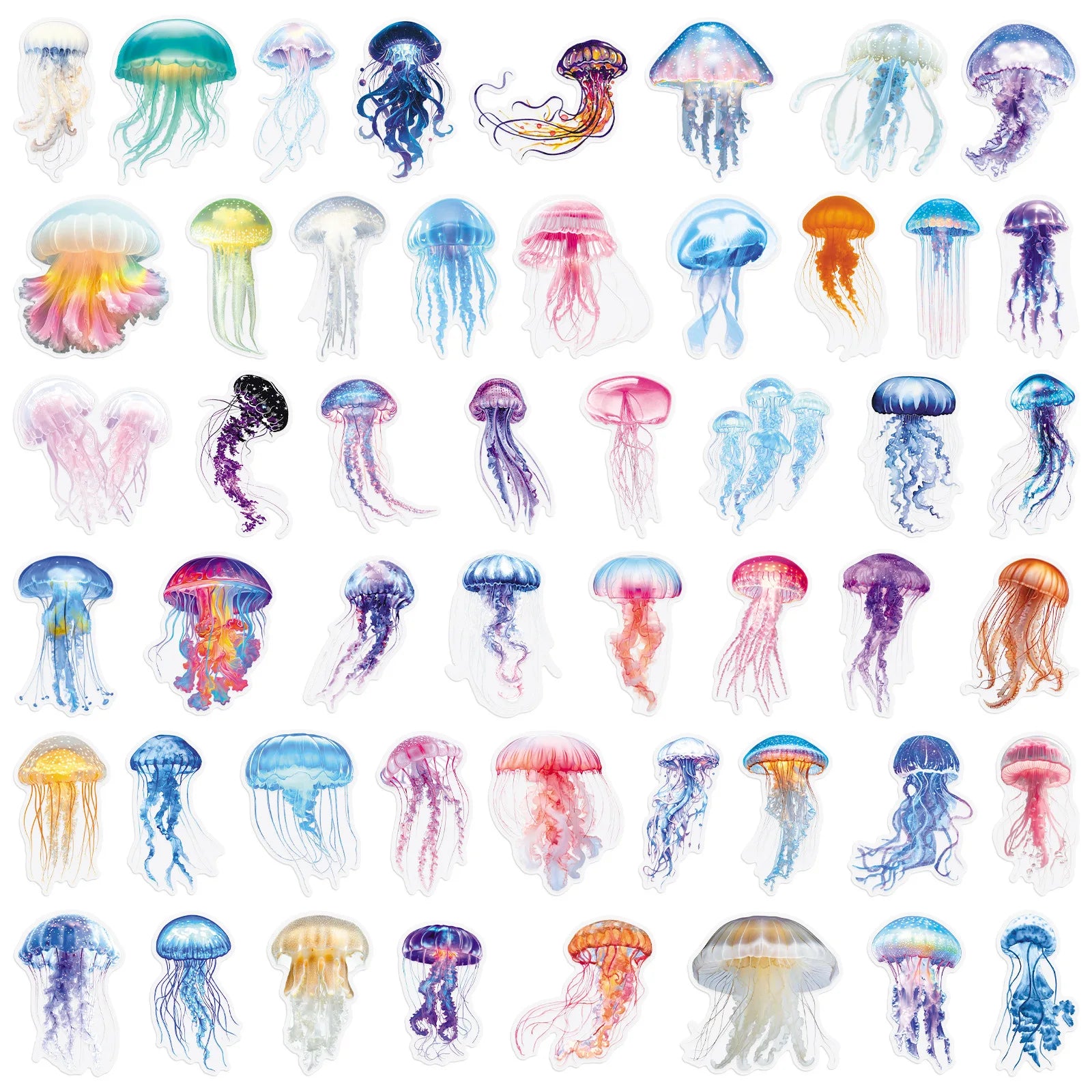 50PCS Cartoon Jellyfish Ocean Stickers, Clear PET Decals for Notebook Stationery Guitar Fridge Book Desk Decor