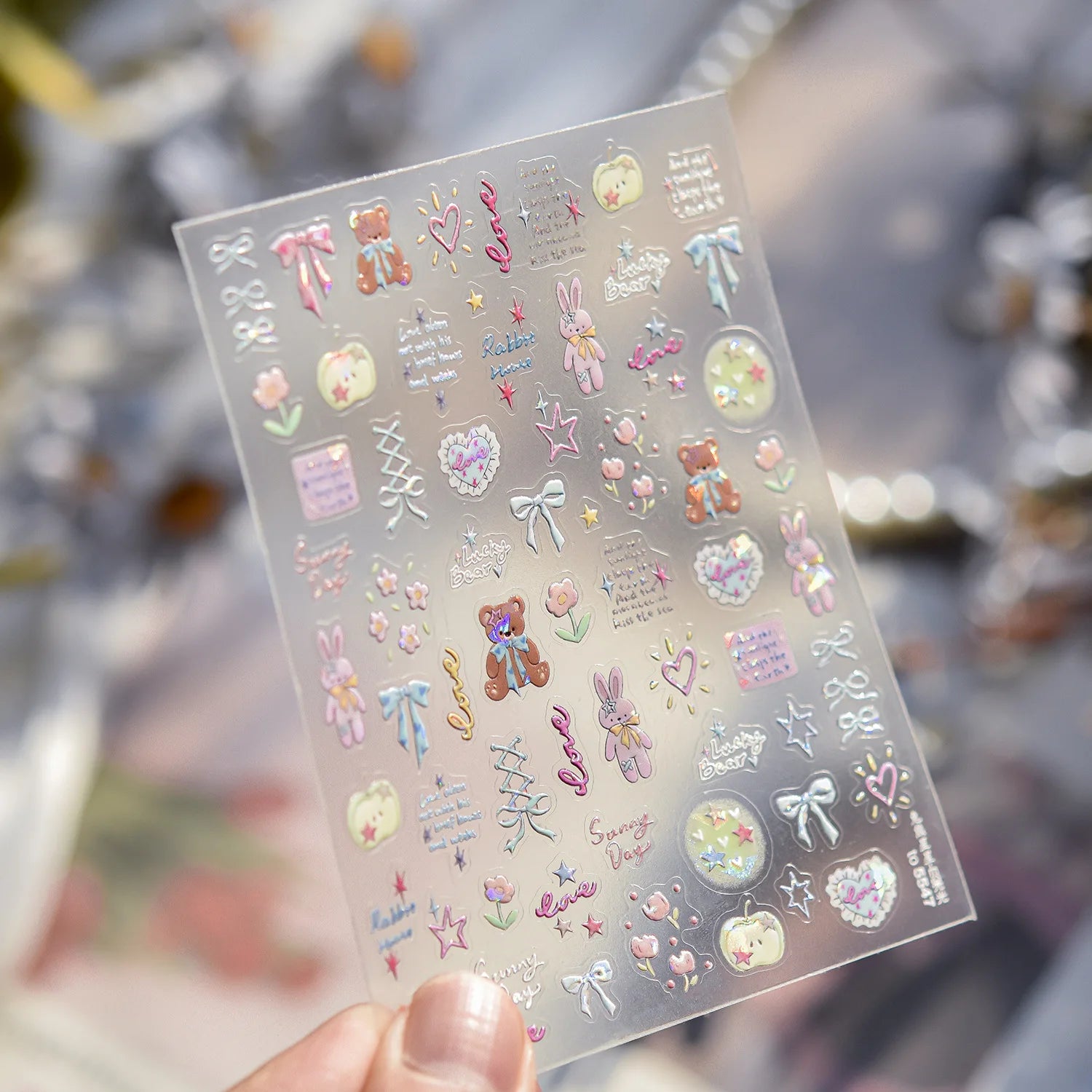 Rabbit and Bear Star Ribbon Ribbon Charms Nail Art Stickers 5D Reliefs Nail Sticker Cartoon Designs Adhesive Nail Decor Stickers