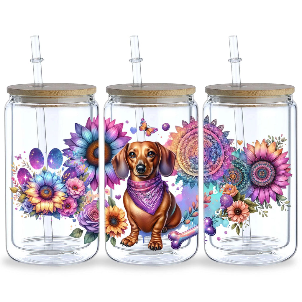 5 Sheets Sunflower Dog UV DTF Cup Stickers, Glass Cup DTF Transfer Stickers, Waterproof Funny Dog Wipeable Transfer Paper