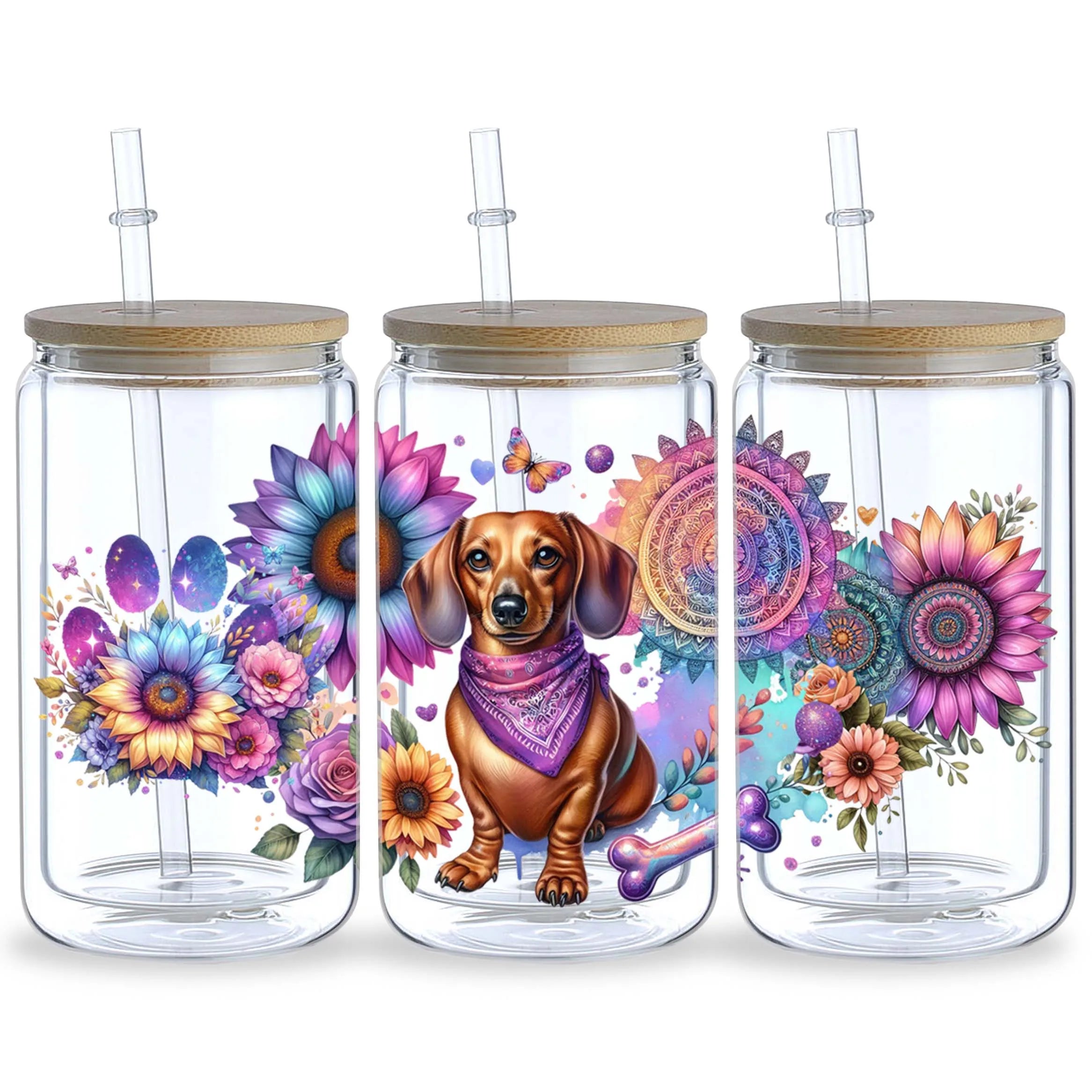5 Sheets Sunflower Dog UV DTF Cup Stickers, Glass Cup DTF Transfer Stickers, Waterproof Funny Dog Wipeable Transfer Paper