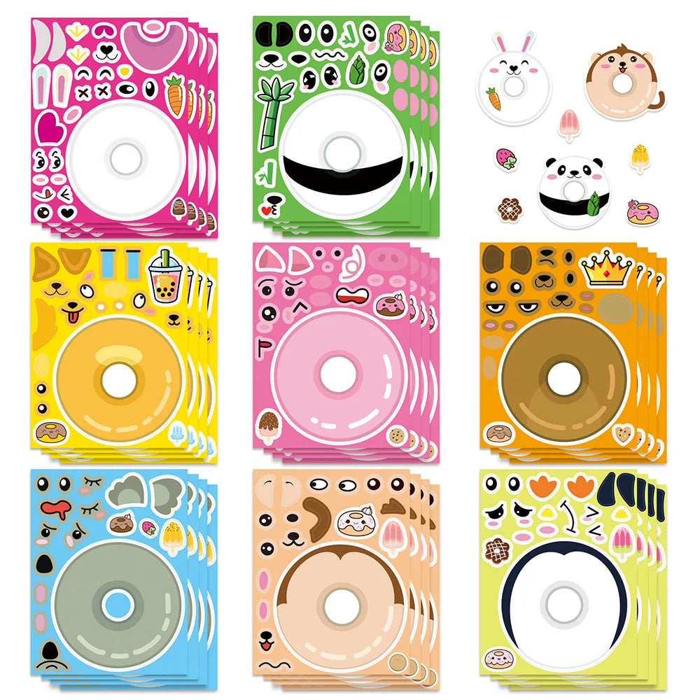 8/16/24Pcs Cartoon Animal Donut Make A Face Puzzle Stickers Stationery Decals Notebook Phone Laptop Fridge Luggage Sticker