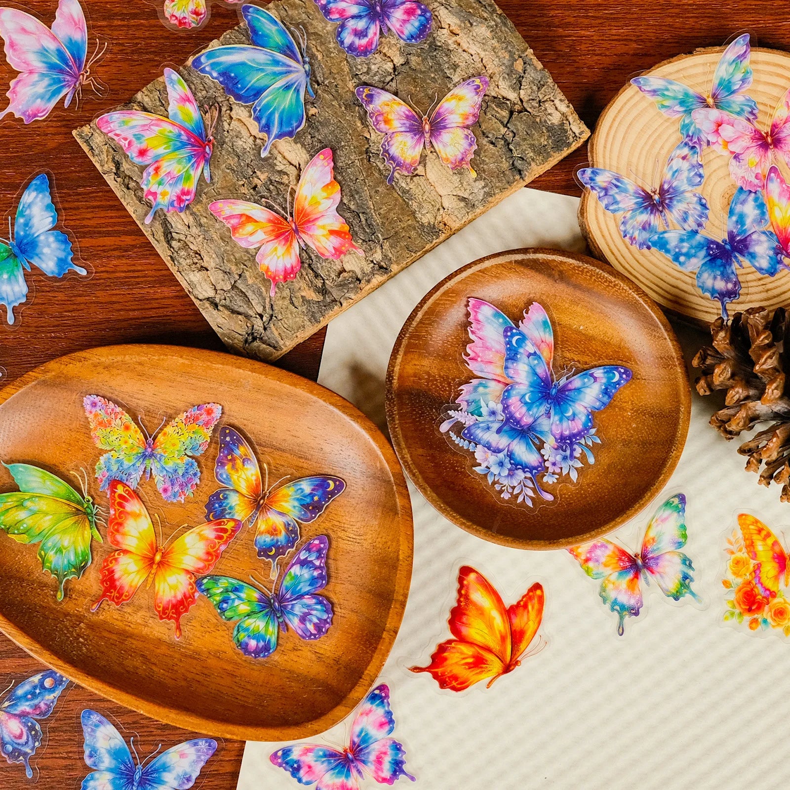56PCS Watercolor Rainbow Butterfly PET Stickers, Dreamy Gradient Painted Insect Stationery Helmet Decorative Art Sticker
