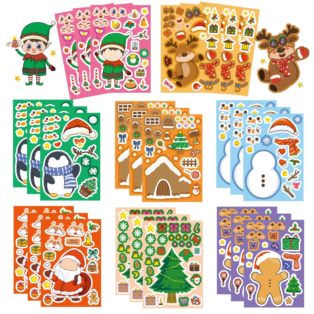 8/16/24PCS Toy Puzzle Stickers Cartoon Christmas Make a Face Stickers DIY Handicrafts Waterproof Stationery Stickers