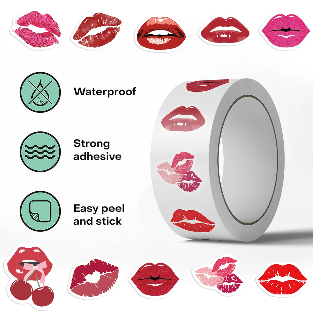 500PCS Roll Adhesive Tape Cartoon Flame Red Lip Notebook Stationery Decor Stickers