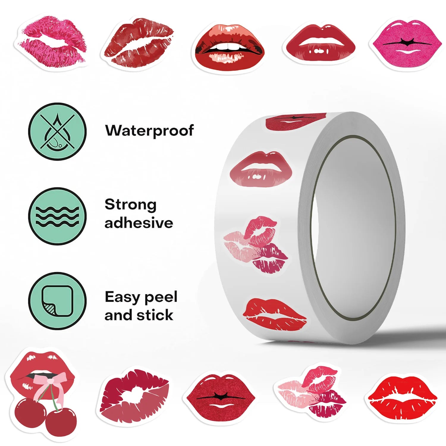 500PCS Roll Adhesive Tape Cartoon Flame Red Lip Notebook Stationery Decor Stickers