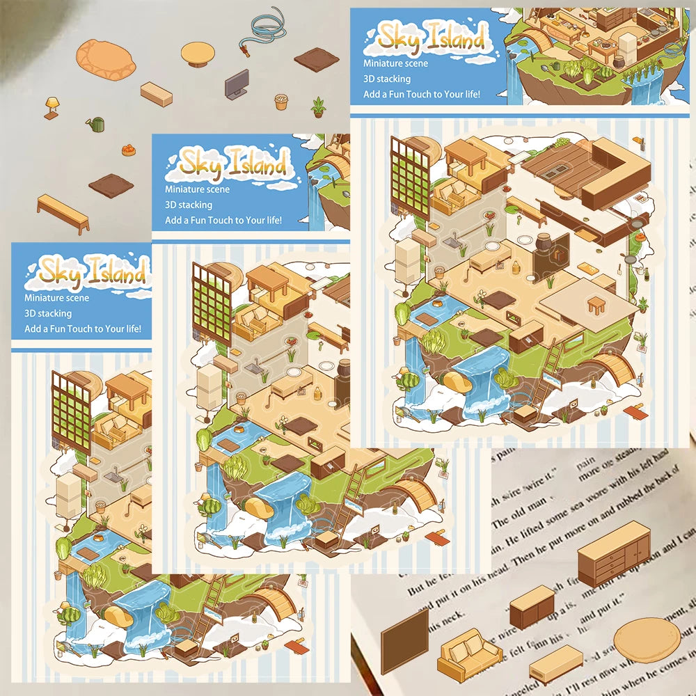 3PCS Sky Lsland 3D Landscaping Miniature Sticker Aesthetic Aesthetic Graffiti Living Room Decompression Coffee Scrapbook Sticker