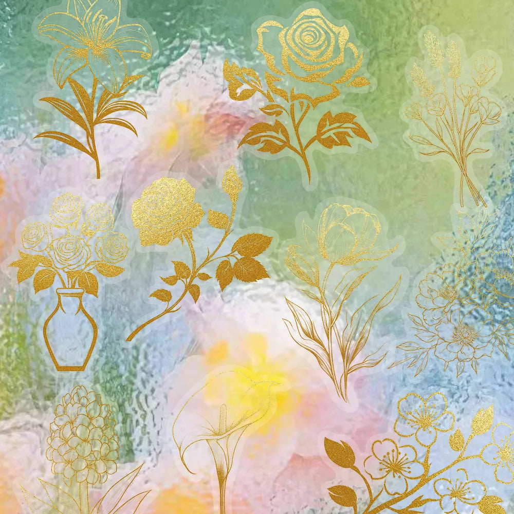 50PCS Golden Plant Series Decorative Fun PET Stickers Decorative Materials DIY Waterproof Tablet Computer Toy Stickers