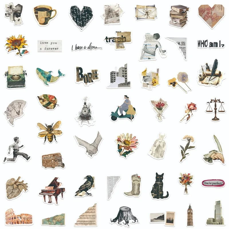 10/30/50PCS Vintage Artistic Sticky PVC Sticker Aesthetic Stationery DIY Decoration Scrapbooking Children's School Supplies