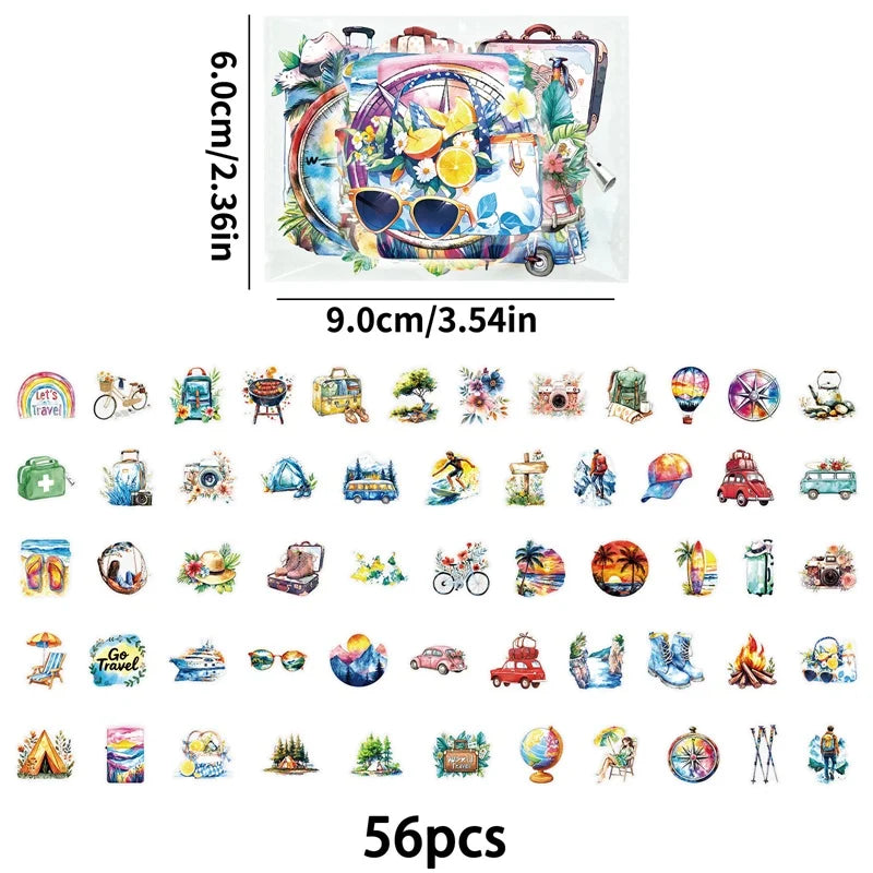 56PCS Beach Trip Transparent PET Phone Sticker Aesthetic Tear Open Decoration DIY Colored Laptop Luggage Graffiti Decals