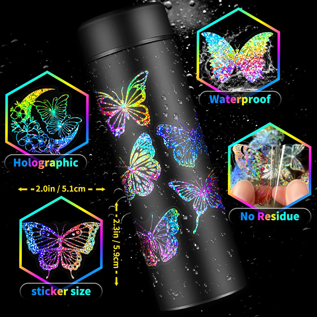 100 PCS/PACK Transparent Butterfly Laser Stickers Holographic Stickers PET Creative Retro Stickers for Laptop,Water bottles,Helm