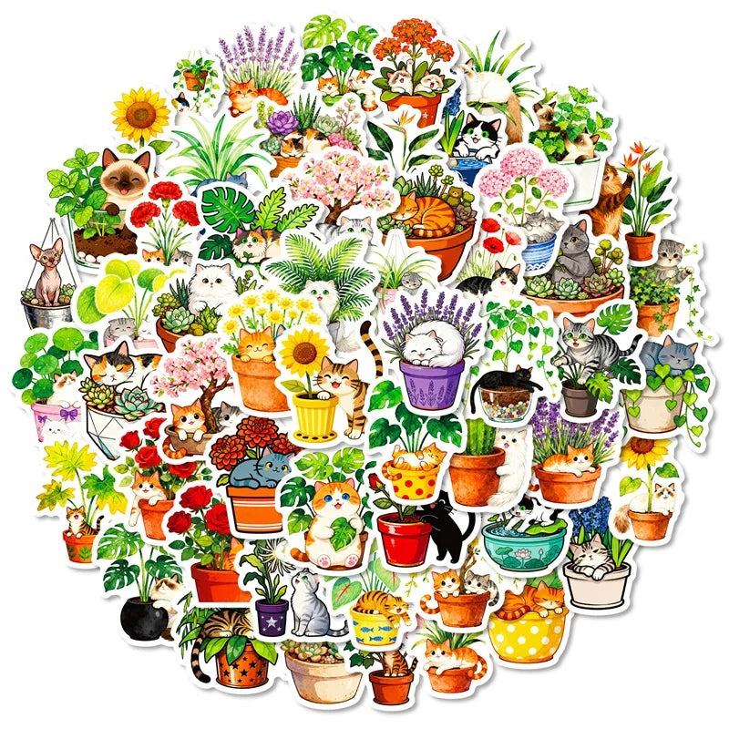 10/30/56PCS Fresh Flower Cat PVC Sticky Sticker Stationery DIY Children's Laptop Luggage Skateboard Decoration Scrapbooking
