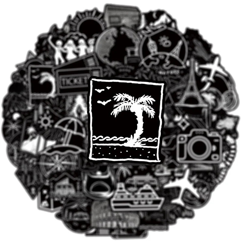 10/30/50PCS Black White Travel PVC Sticky Sticker Aesthetic DIY Children's Decoration Scrapbooking School Supplies