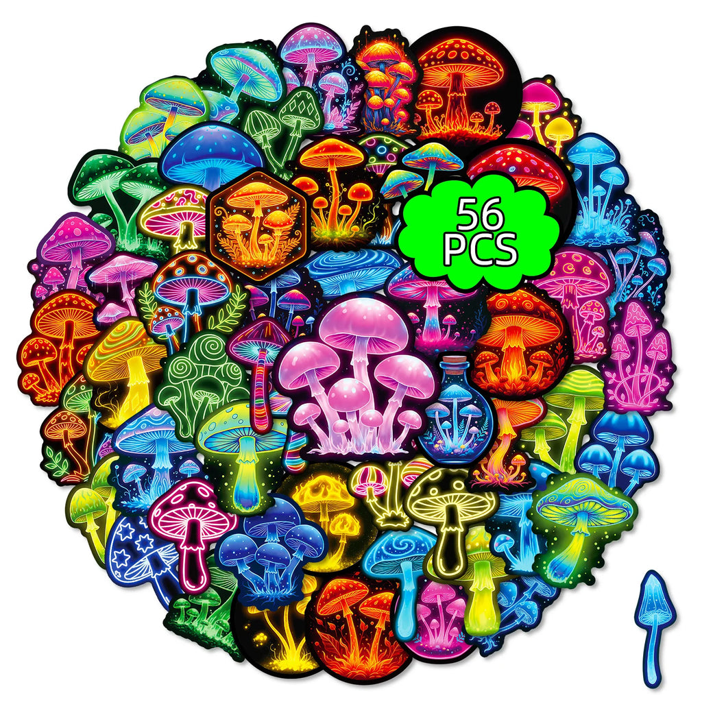 56/112Pcs Neon Mushroom Reusable Stickers Waterproof Decals for Helmet Skateboard Bicycle Computer Stationery Box Multicolor