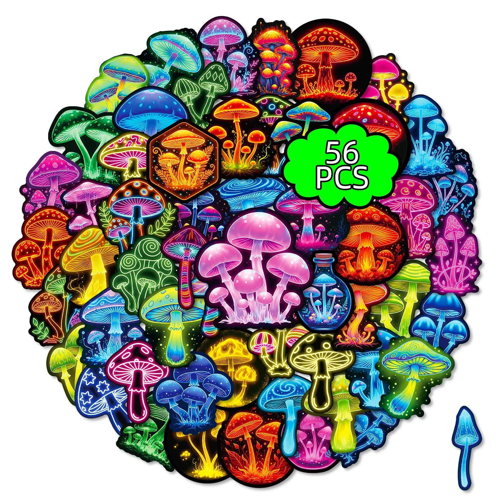 56/112Pcs Neon Mushroom Reusable Stickers Waterproof Decals for Helmet Skateboard Bicycle Computer Stationery Box Multicolor