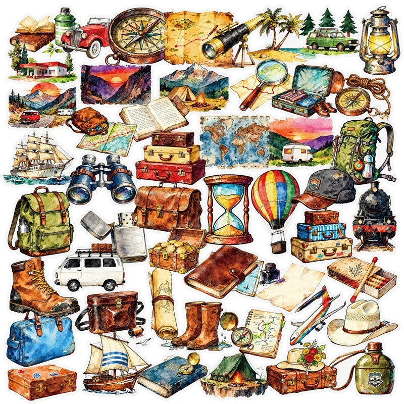 56PCS Colored Retro Travel PET Sticky Sticker Aesthetic Tear Open DIY Decoration Scrapbooking Stationery Supplies for Kids