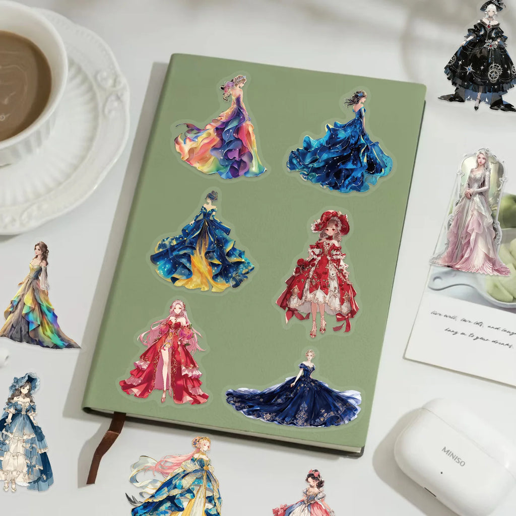 50-100PCS Cartoon Princess Skirt Sticker Pack Waterproof Transparent PET Hand Account Decorative Guitar Notebook Stickers