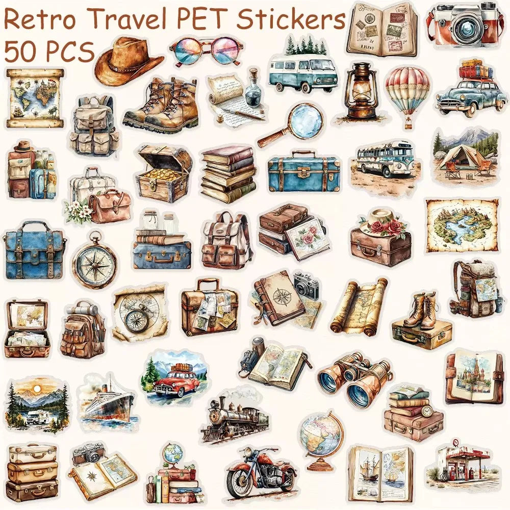 50pcs Vintage Travel Transparent PET Stickers Decals For Phone Laptop Notebook Suitcase Guitar DIY Cartoon Aesthetic Stickers