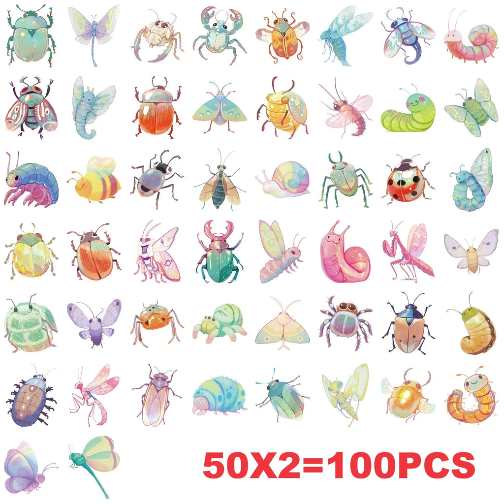 50/100PCS Waterproof Transparent PET Cartoon Candy Insect Stickers Decorative Guitar Notebook Stationery Stickers