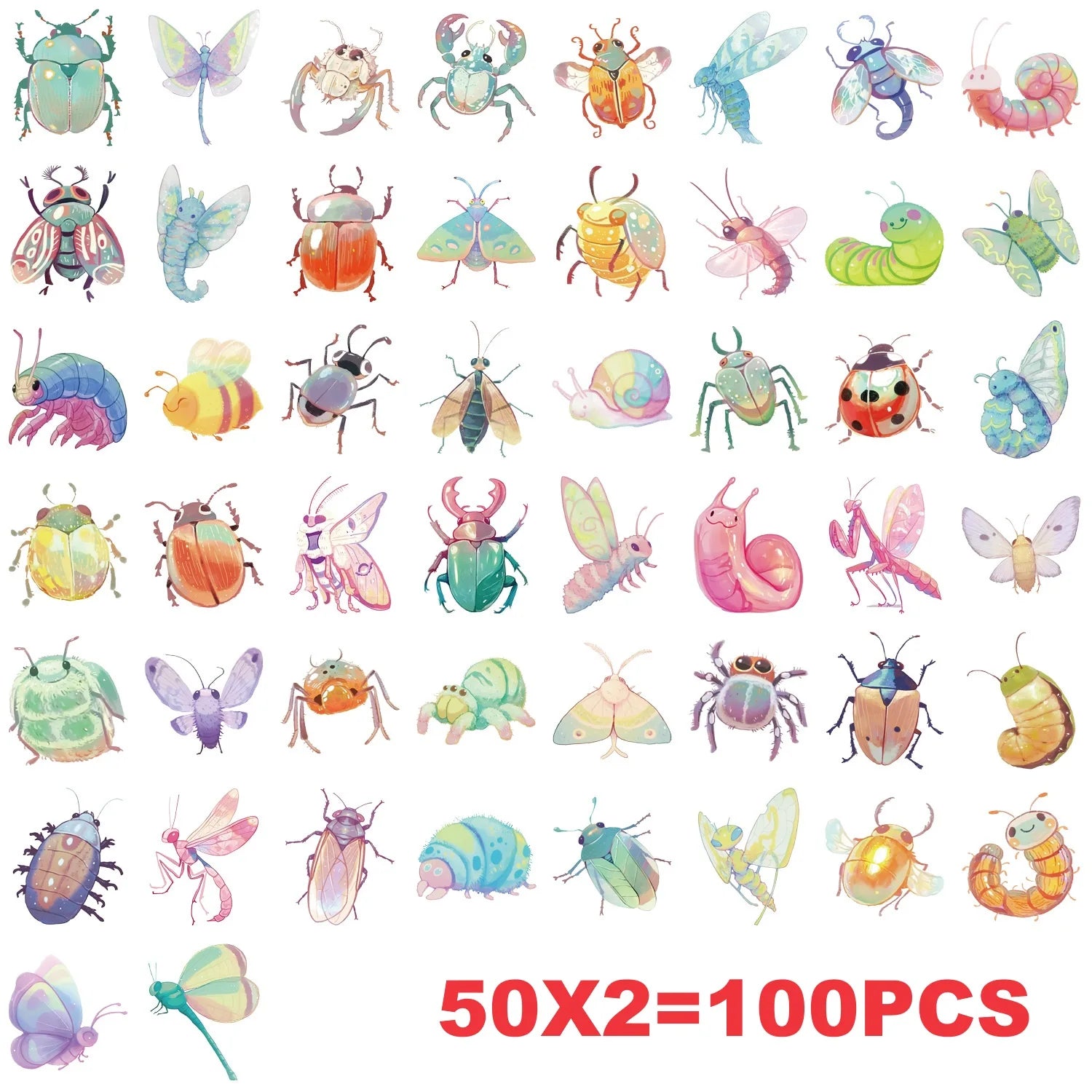50/100PCS Waterproof Transparent PET Cartoon Candy Insect Stickers Decorative Guitar Notebook Stationery Stickers