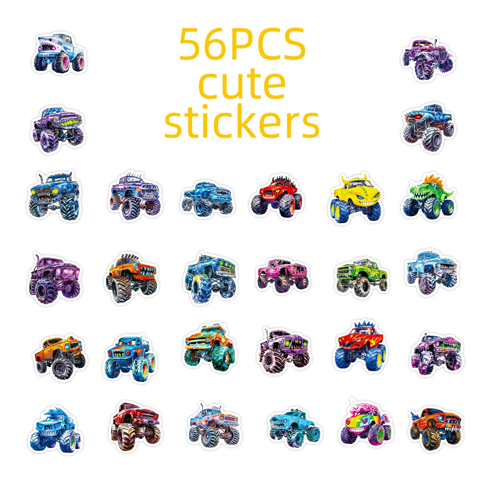 56PCS Wild Monster Car Stickers Student Notebook Skateboard Helmet Waterproof DIY Unique Decorative Art Decal Sticker