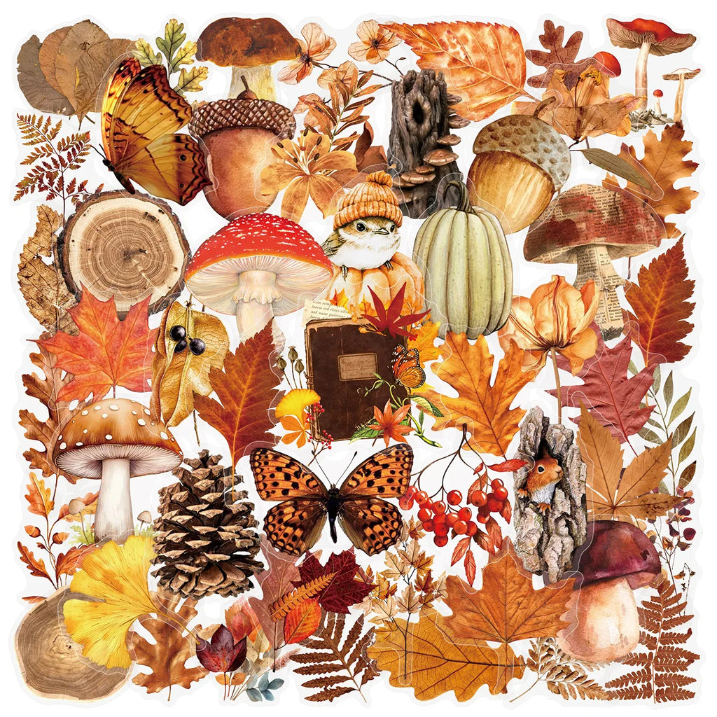 50/100PCS Cartoon Autumn Forest Plants Transparent PET Stickers Luggage Notebook Stickers