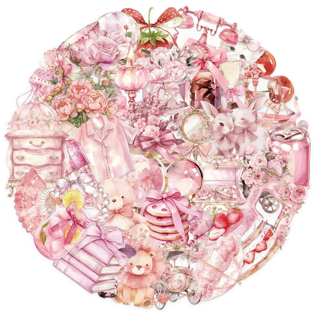 50Pcs Pink Fairy Tale Sticker Pack Transparent PET Phone Case Back Decor ,DIY Scrapbook, Journaling, Laptop, Bumper, Skateboard