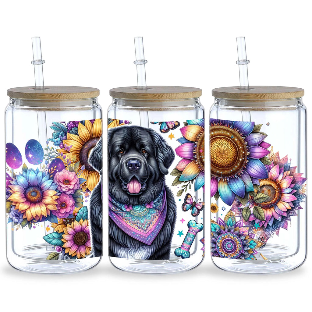 5 Sheets Sunflower Dog UV DTF Cup Stickers, Glass Cup DTF Transfer Stickers, Waterproof Funny Dog Wipeable Transfer Paper