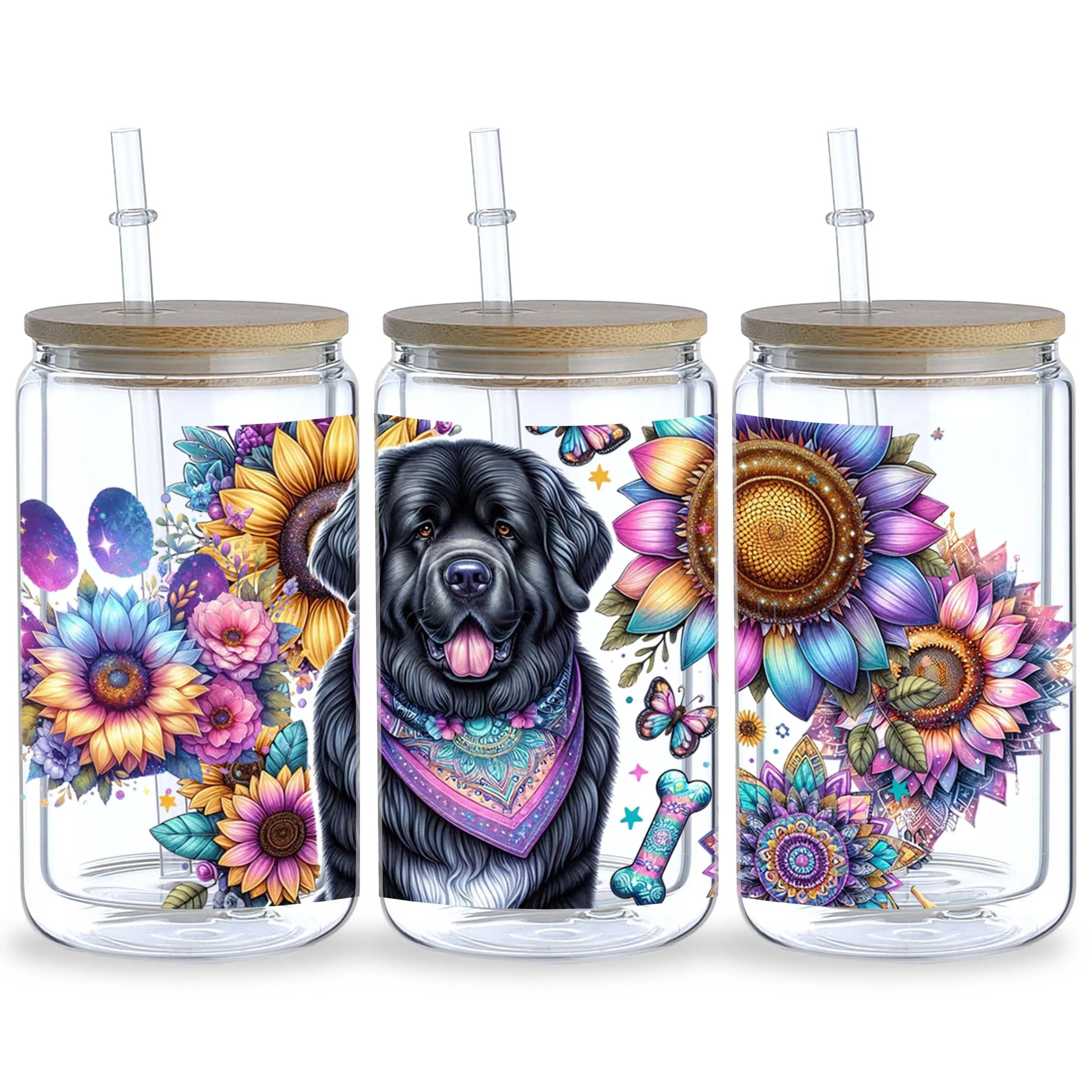 5 Sheets Sunflower Dog UV DTF Cup Stickers, Glass Cup DTF Transfer Stickers, Waterproof Funny Dog Wipeable Transfer Paper