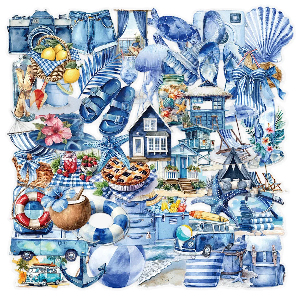 50-Pack Summer Beach Blue Waterproof Stickers Transparent PET Decoration Decals for Water Bottles Phone Stationery Notebook