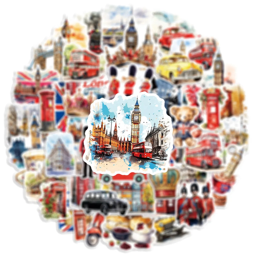 50/00PCS Watercolor UK London Stickers Personalized Decoration Guitar Notebook Luggage DIY Waterproof Stickers