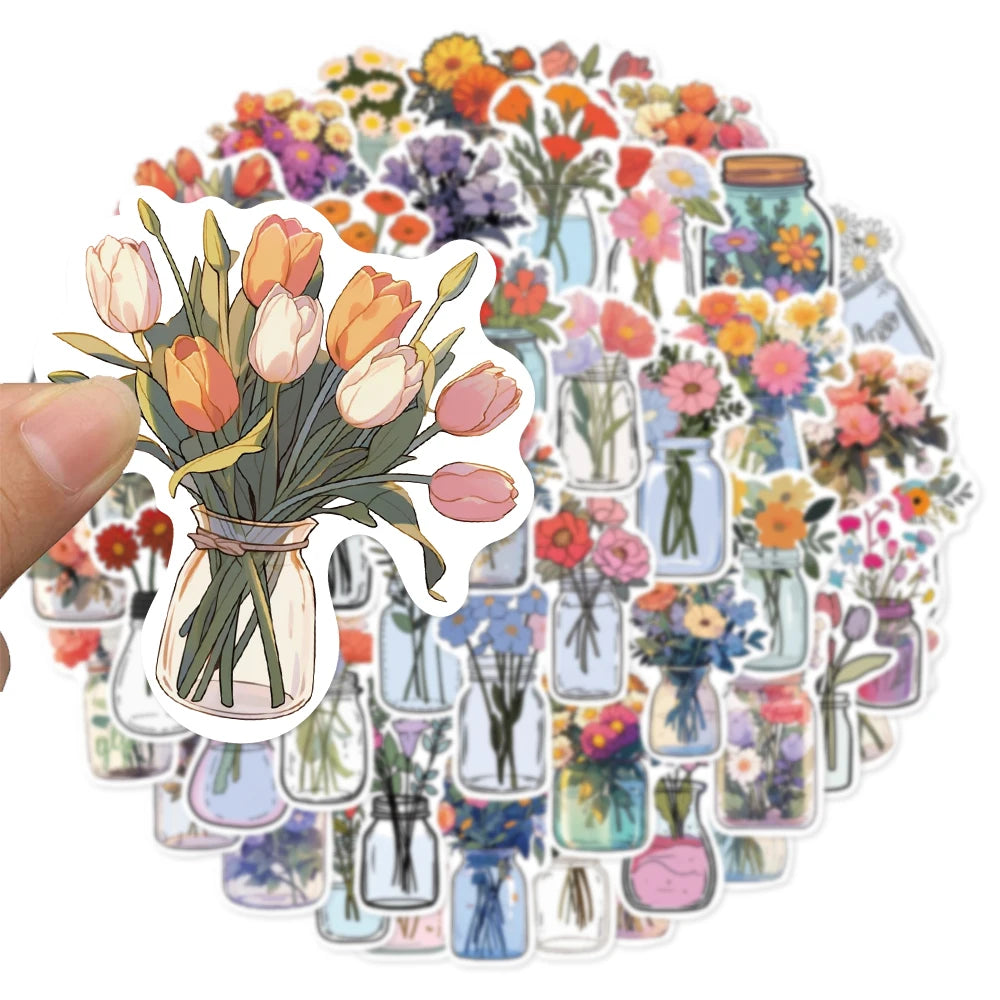 50PCS Color Bottle Flower Sticker Pack Waterproof Stickers DIY Brochure Flower Material Decoration Notebook Waterproof Stickers