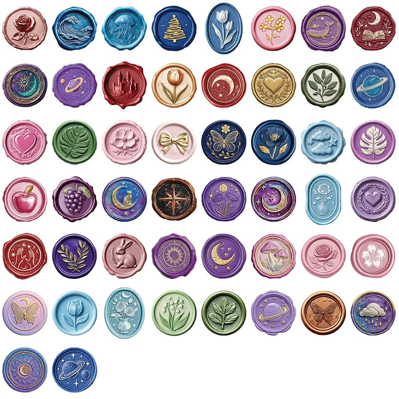 50PCS Cartoon Seal Stamp PET Sticky Sticker Aesthetic Tear Open Colored Children's Decoration Scrapbooking Stationery Supplies