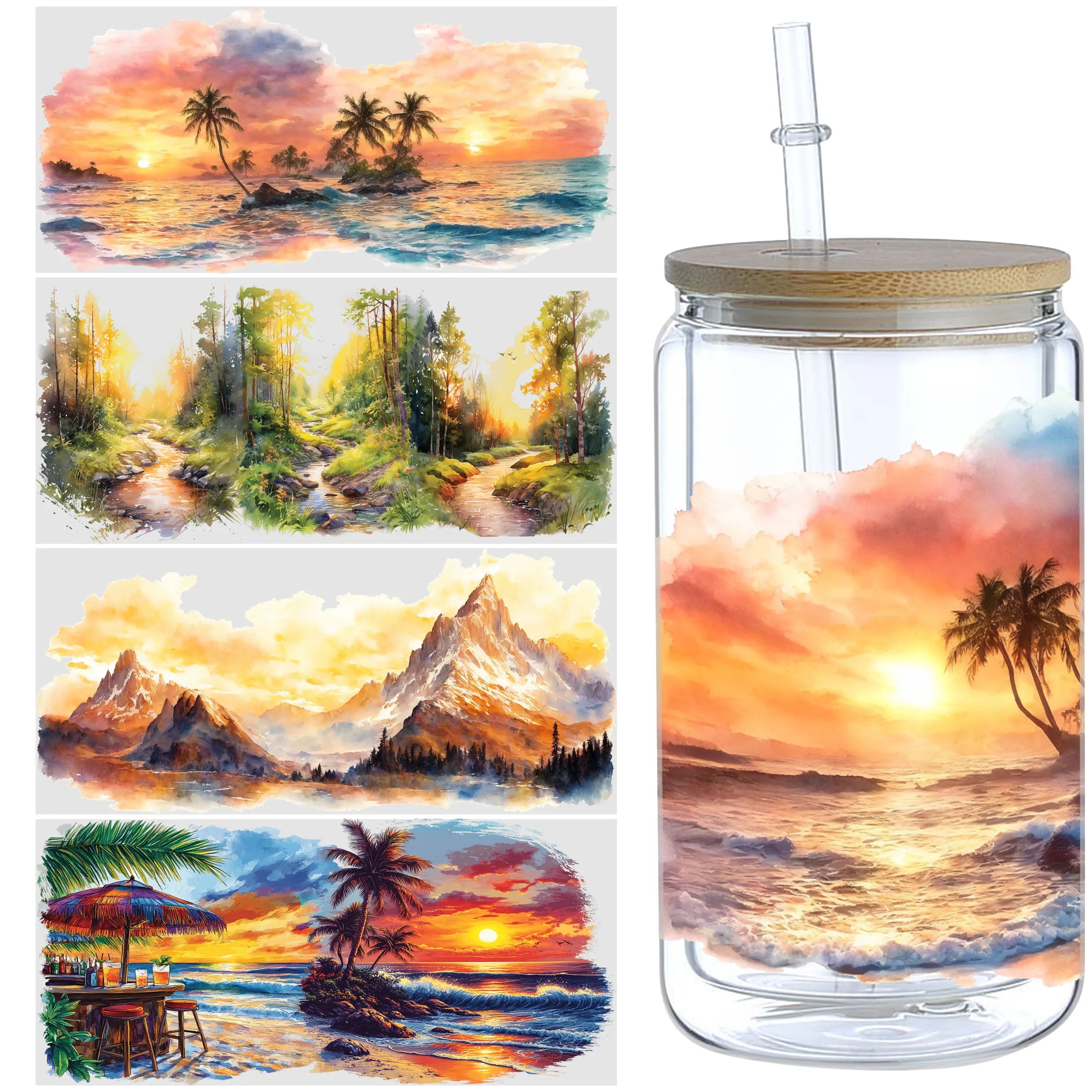 5 Sheets Sunset UV DTF Cup Stickers, DTF Transfer Stickers, Waterproof Beach Wipe-Off Transfer Paper for 16oz Glass, Mugs, Craft