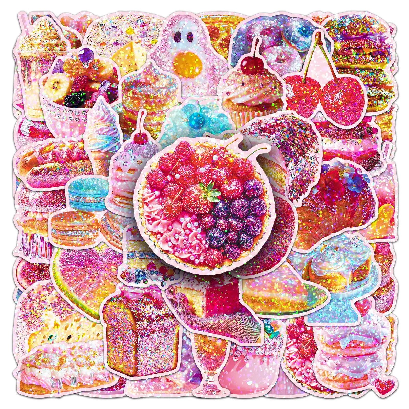 50-Pack Sparkling Laser-Colored Food Dessert Stickers for Notebook Luggage Student Stationery Decoration