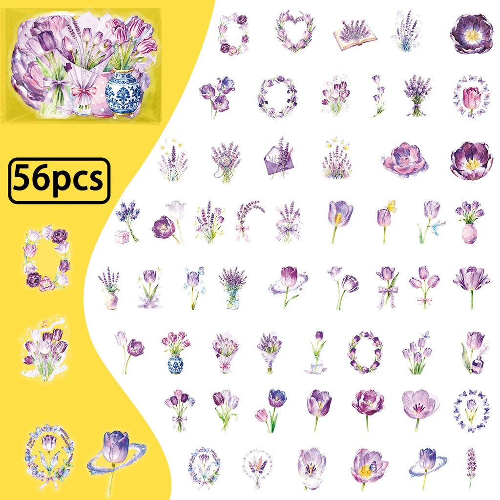 56Pcs Pack Purple Tulip PET Stickers Flower Aesthetic Decals for School Supplies Stationery Notebook Gift Box Fridge Luggage