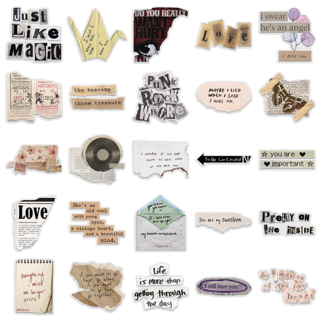 50-Pack English Fragment Stickers Waterproof Transparent PET Decor Stickers for Phone Laptop Fridge Student Stationery Notebook