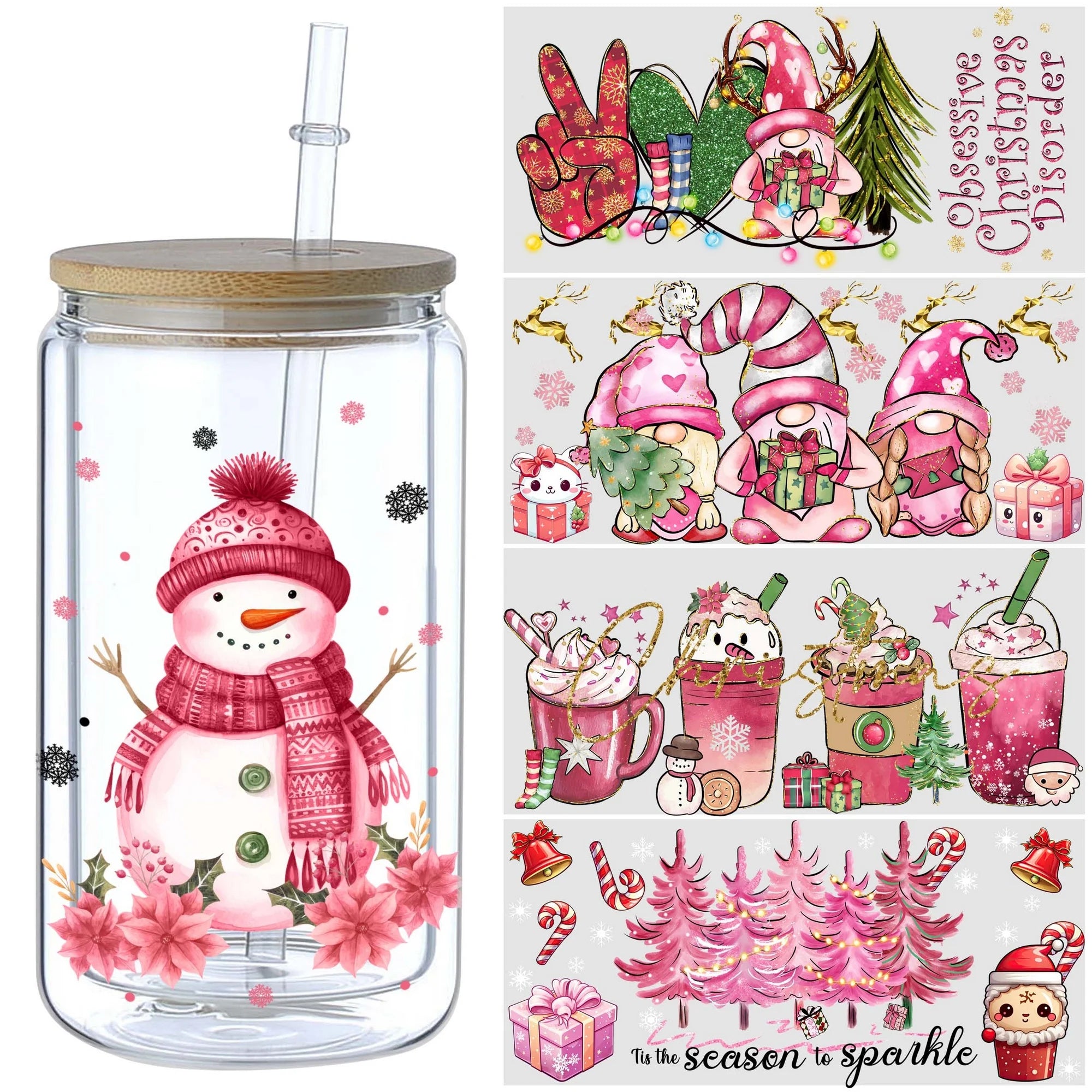 5 sheets Christmas UV DTF cup stickers, DTF transfer stickers, waterproof wipe transfer paper for 16oz glass, mug, furniture