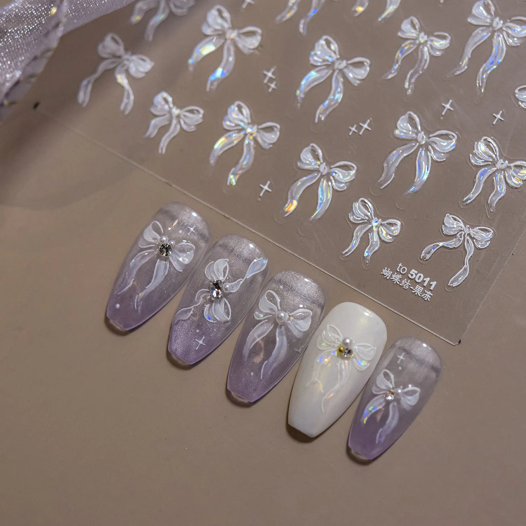 Shell Light Nail Stickers Bowknot Ribbon Knot Tie Pink White Dreamy Chic Beauty Self Adhesive 5D Nail Art Sticker Manicure Decal