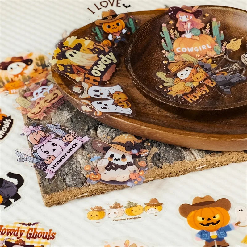 56PCS Cartoon Halloween PET Sticky Sticker Aesthetic Tear Open DIY Decoration Scrapbooking Sketchbook Supplies for Kids