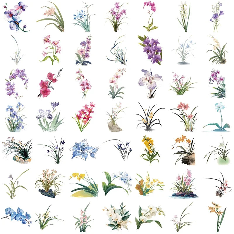 50PCS Kawaii Orchid PET Sticky Sticker Aesthetic Tear Open DIY Decoration Scrapbooking School Stationery Supplies for Kids