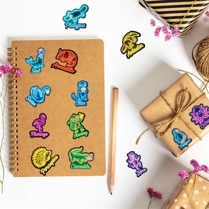 10/30/50PCS Neon Animals Sticky PVC Sticker Stationery DIY Colored Laptop Luggage Skateboard Decoration Scrapbooking