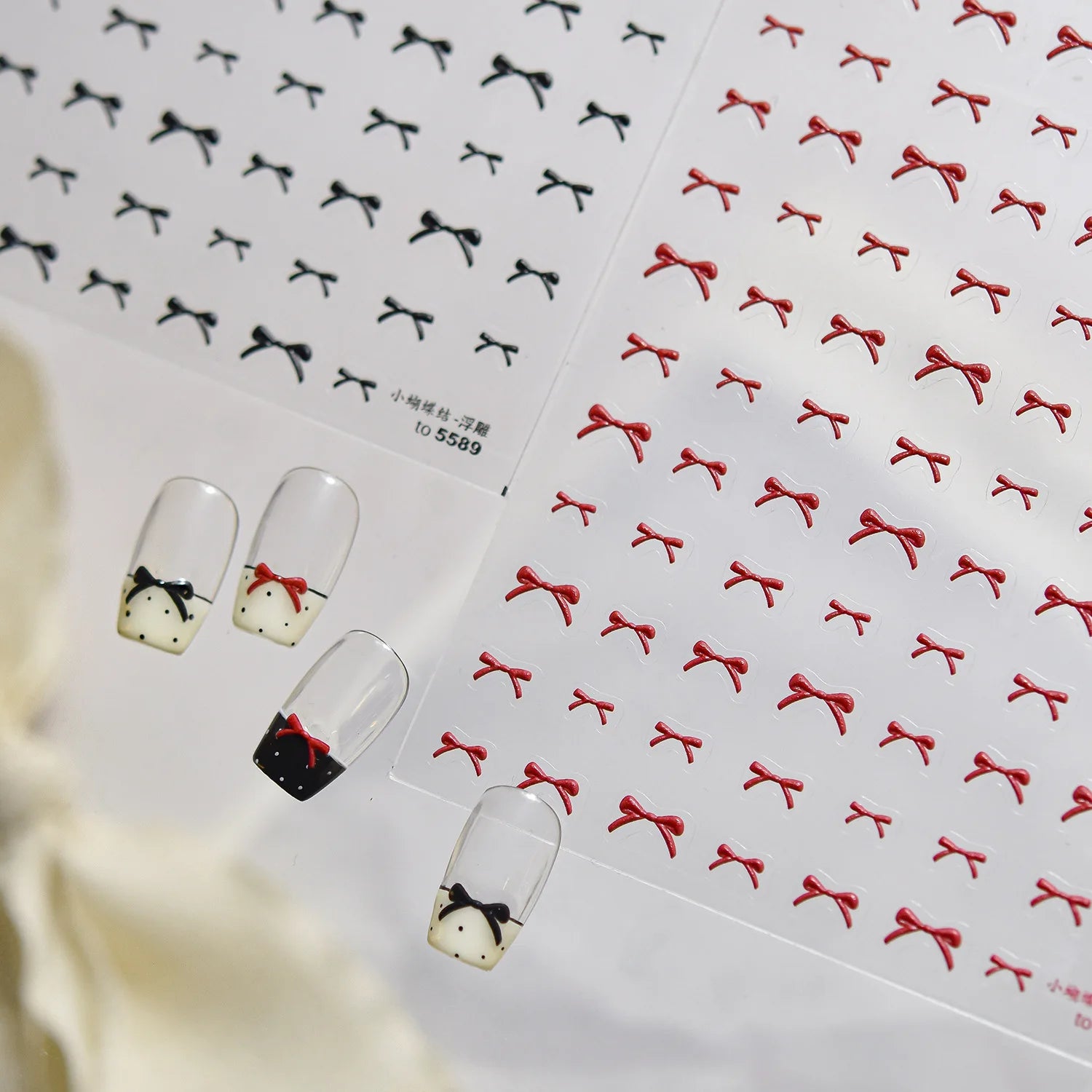 Exqusitive Mini Bows Nail Stickers 5D Reliefs Nail Art Stickers White Black Red Bowtie Nail 3D Decorations Adhesive Decals DIY