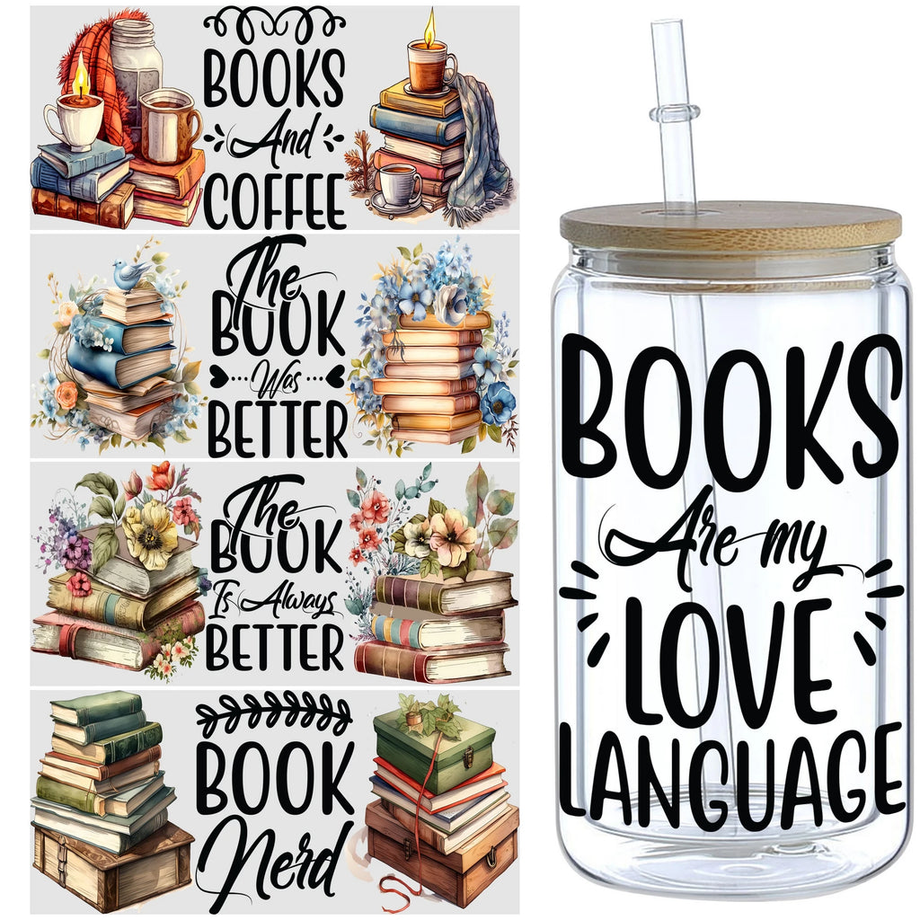 5 Sheets Vintage Book UV DTF Cup Stickers, DTF Friction Transfer Stickers, Waterproof Book Transfer Stickers for 16oz Glass Cup